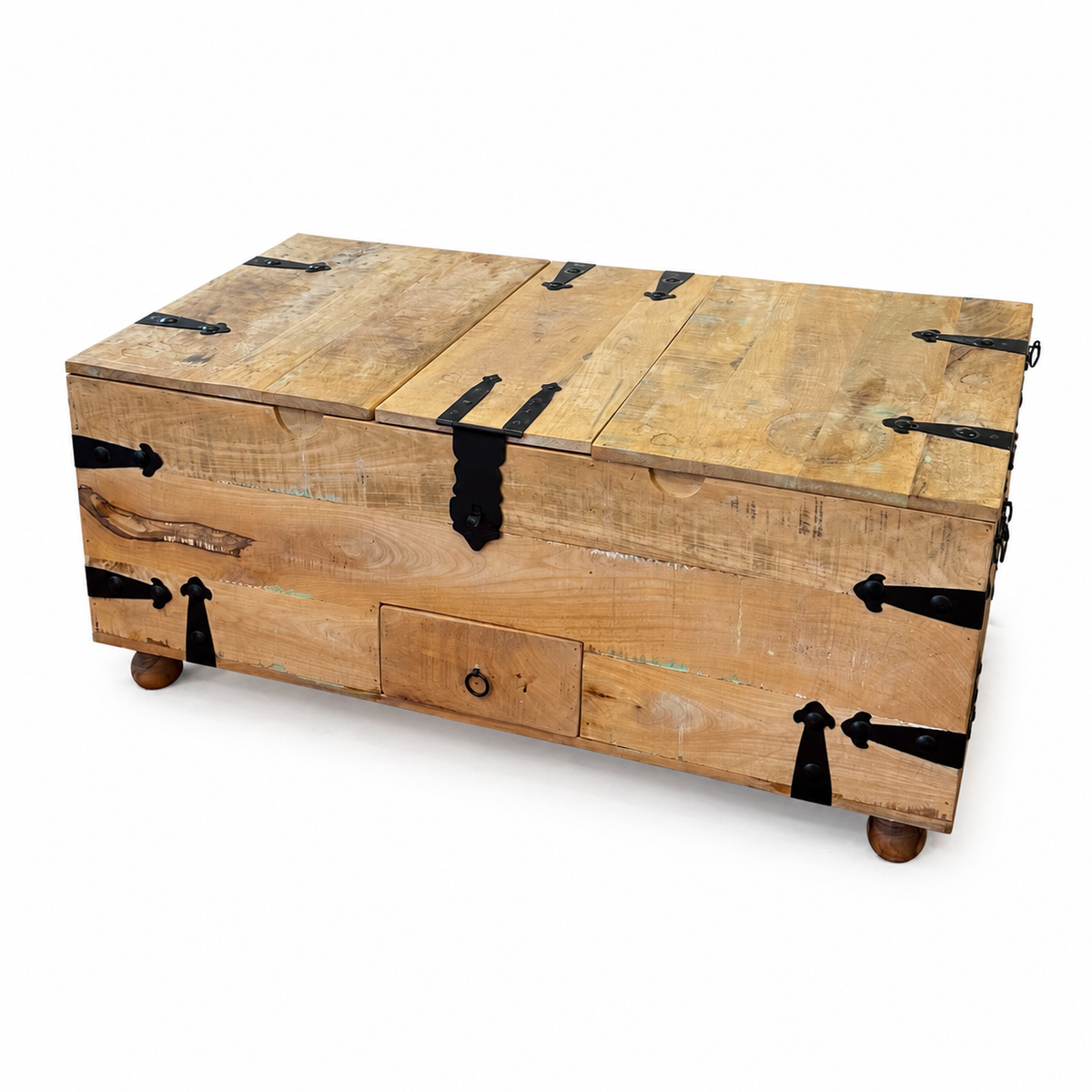 Solid mango wood rustic storage coffee table on white background