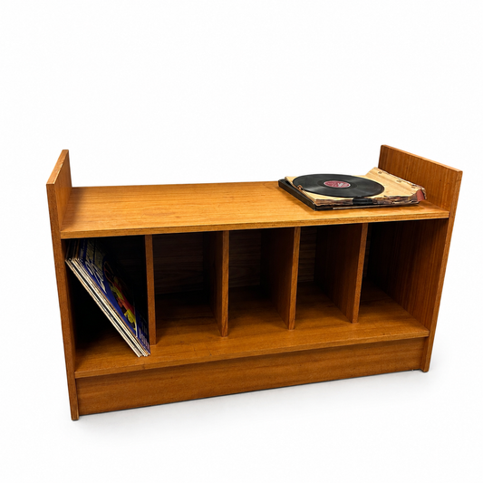 Mid-century teak vinyl record media console on a white background with records