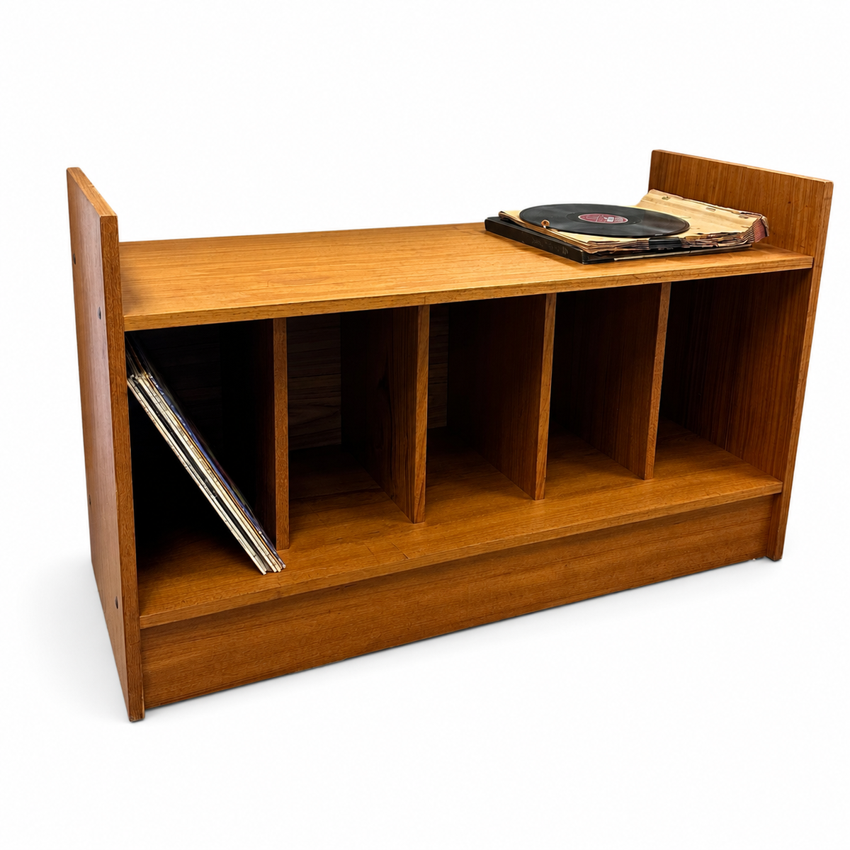 Mid-century teak vinyl record media console on a white background, angled view