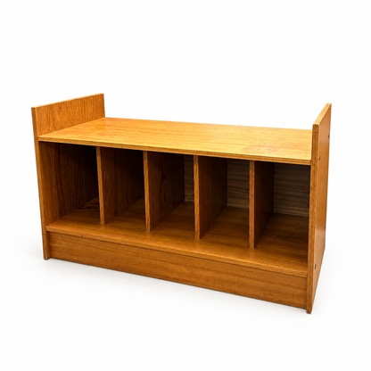 Mid-century teak vinyl record media console on a white background, empty compartments