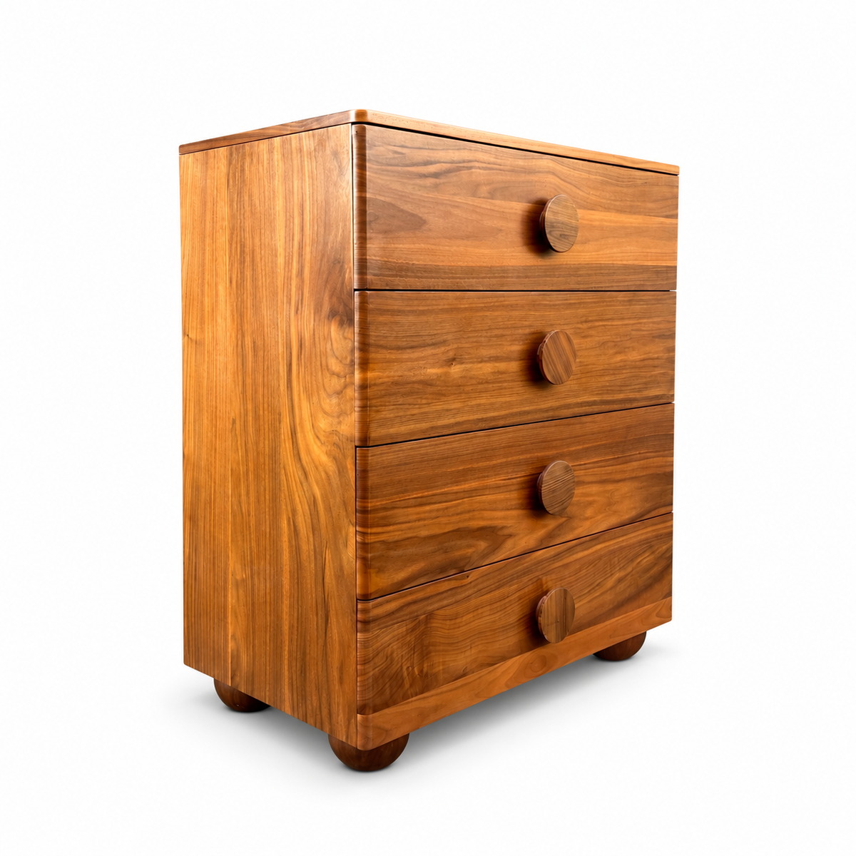 Walnut MCM style Highboy Dresser on white background, view 2