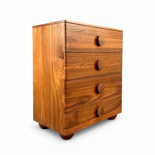 Walnut MCM style Highboy Dresser on white background, view 2