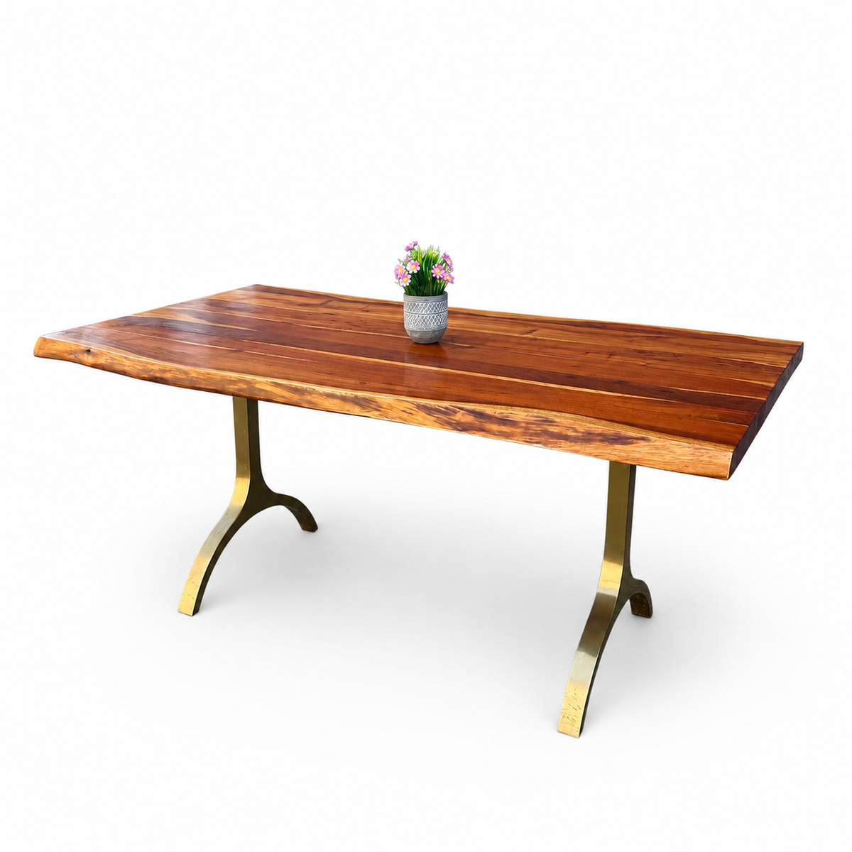 West Elm Cast Trestle live-edge dining table on a white background - angled view