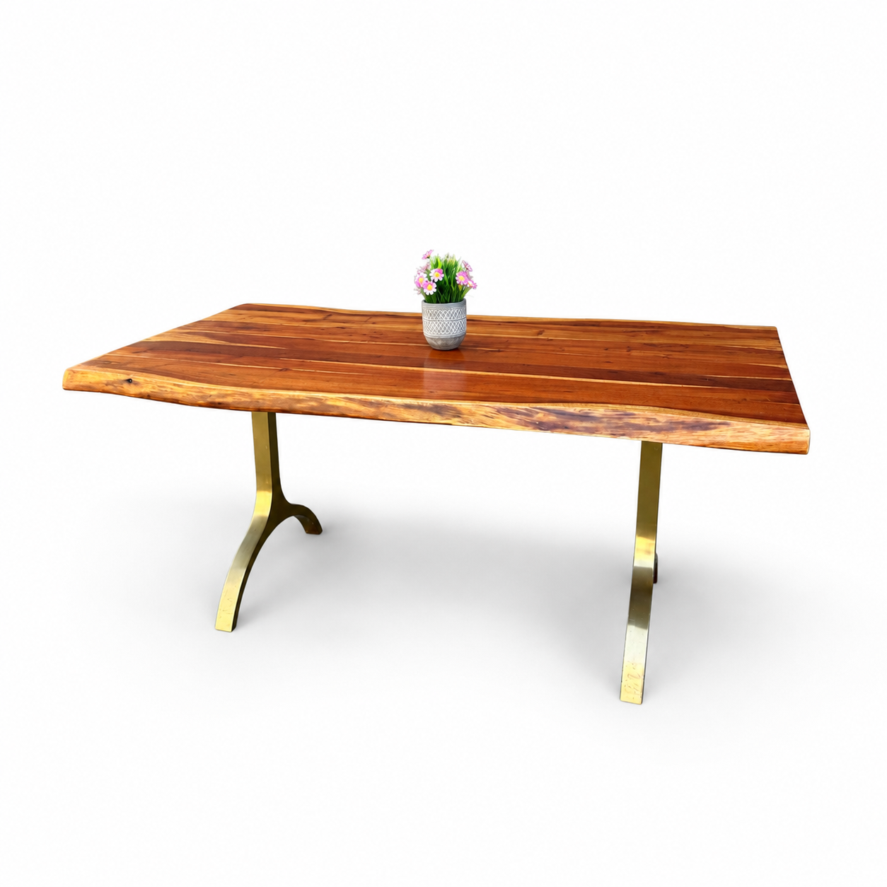 West Elm Cast Trestle live-edge dining table on a white background - front view